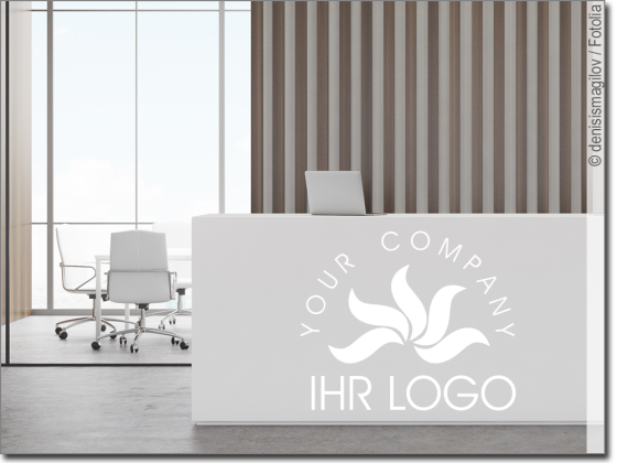 Preview: Möbeltattoo Eigenes Logo einfarbig Preview: Möbeltattoo Eigenes Logo einfarbig im Büro - Ansicht Farbauswahl