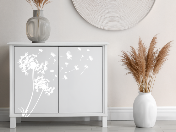 Preview: Aufkleber für Möbel mit Pusteblume im Wind - Ansicht Ausrichtung und Farbauswahl