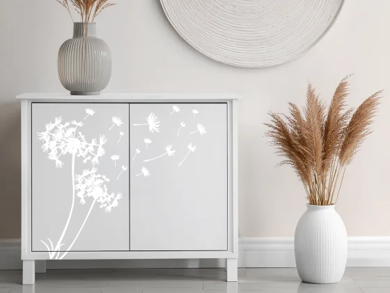 Aufkleber für Möbel mit Pusteblume im Wind - Ansicht Ausrichtung und Farbauswahl