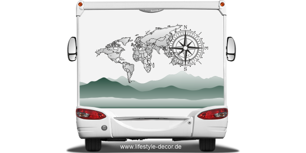 Preview: Reisemobildekor Weltkarte mit Kompassrose Preview: Reisemobildekor Weltkarte mit Kompassrose