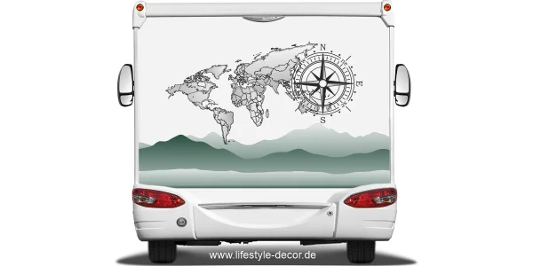 Reisemobildekor Weltkarte mit Kompassrose auf hellem Heck