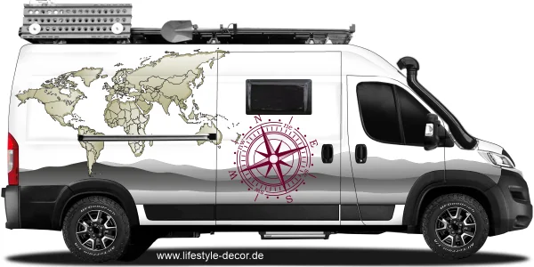 Reisemobildekor Weltkarte mit Kompassrose