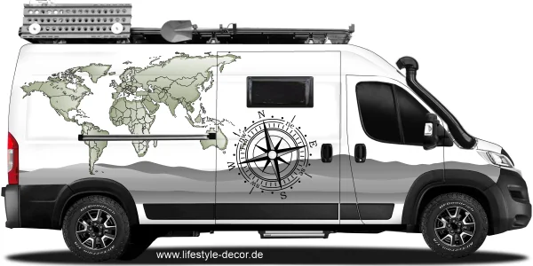 Reisemobildekor Weltkarte mit Kompassrose