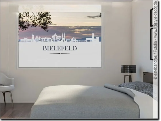 Blickdichte Fensterfolie mit der Skyline von Bielefeld