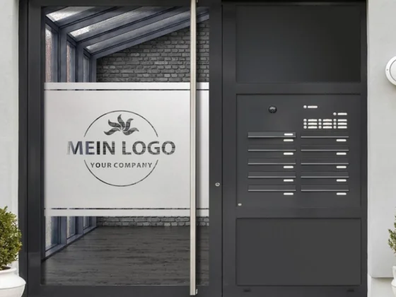Sichtschutz Milchglasfolie mit zwei Streifen und Logo auf Eingangstür