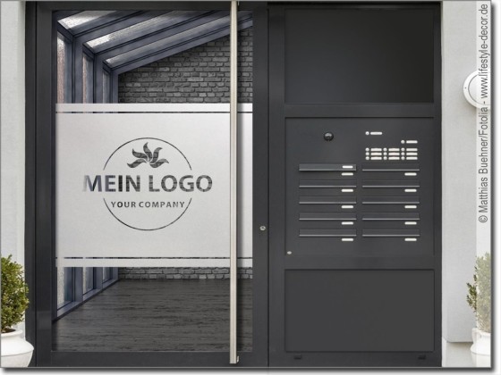 Preview: Sichtschutz Milchglasfolie mit zwei Streifen und Logo Preview: Sichtschutz Milchglasfolie mit zwei Streifen und Logo