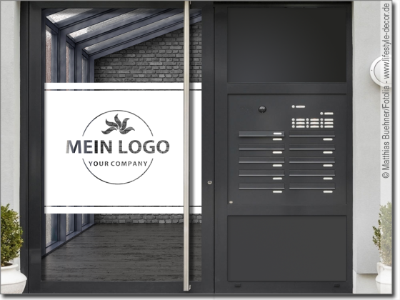 Preview: Sichtschutz Milchglasfolie mit zwei Streifen und Logo Preview: Sichtschutz Milchglasfolie mit zwei Streifen und Logo