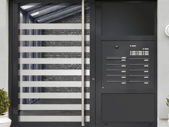 Fürfolie Sichtschutz mit Streifen 10/10 cm auf Eingangstür