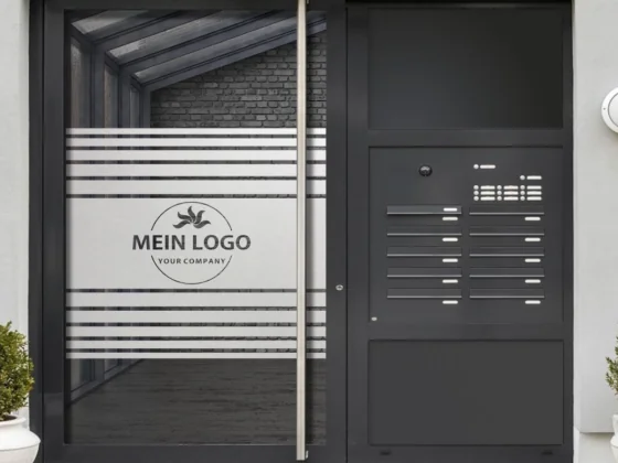 Sichtschutz mit Streifen und Firmenlogo auf Eingangstür