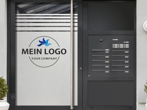 Sichtschutzfolie Blickschutz Firmenlogo gedruckt auf Eingangstür