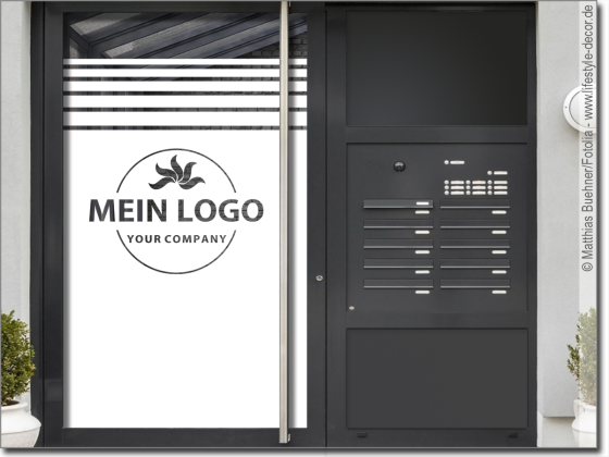 Preview: Sichtschutzfolie Blickschutz mit Logo Preview: Sichtschutzfolie Blickschutz mit Logo auf Eingangstür - Ansicht Farbauswahl