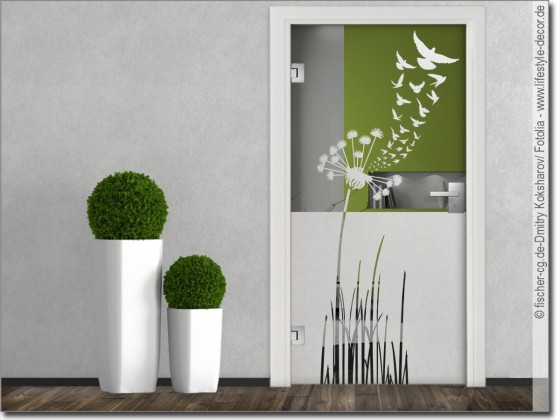 Preview: Sichtschutzfolie Glastür Pusteblume mit Vogelschwarm