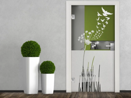 Sichtschutzfolie Glastür Pusteblume mit Vogelschwarm
