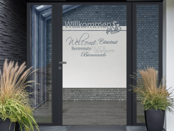 Preview: Fensterfolie mit Willkommen in verschiedenen Sprachen