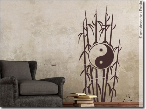 Preview: Wandtattoo Bambus mit Yin & Yang