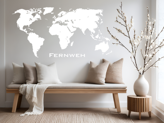 Preview: Wandtattoo mit Weltkarte und Fernweh Schriftzug