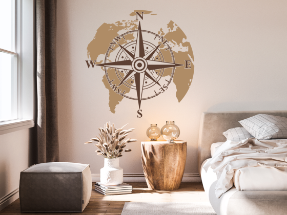 Wandtattoo Kompass mit Weltkarte