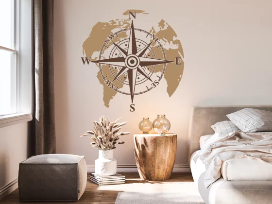 Wandtattoo Kompass mit Weltkarte