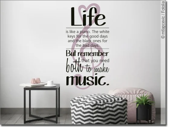 Buntes Wandtattoo mit Spruch Life is like a piano