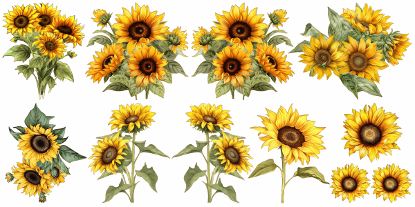 Preview: Wandtattoo Set Sonnenblumen mit Blättern zur freien Anordnung