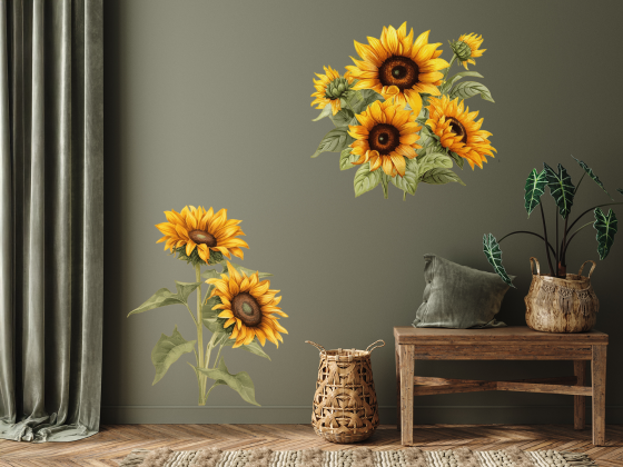 Preview: Wandtattoo Set Sonnenblumen mit Blättern