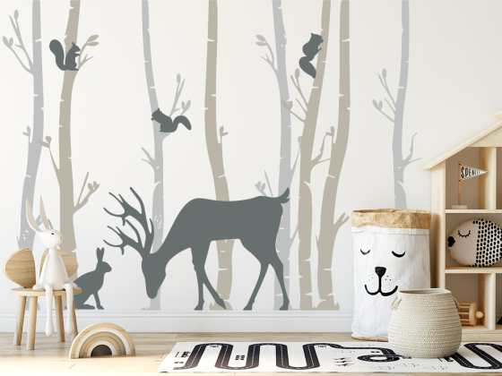 Preview: Wandtattoo Tiere im Birkenwald