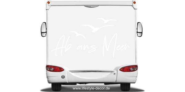 Preview: Wohnmobilaufkleber Ab ans Meer Preview: Wohnmobilaufkleber Ab ans Meer auf hellem Heck - Ansicht Farbauswahl
