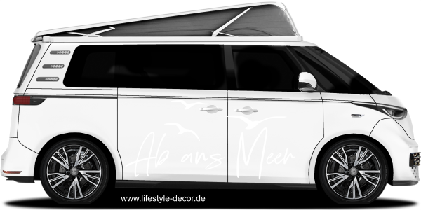 Preview: Wohnmobilaufkleber Ab ans Meer Preview: Wohnmobilaufkleber Ab ans Meer auf hellem Van - Ansicht Farbauswahl