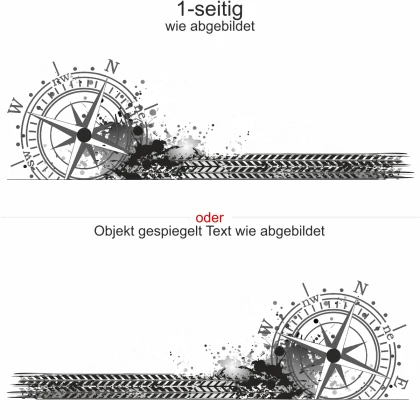 Wohnmobilaufkleber Kompass mit Farbklecksen - Ansicht Ausrichtung und Farbauswahl