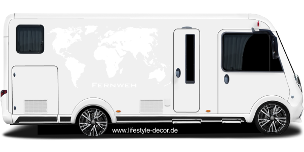Preview: Wohnwagendekor Weltkarte Preview: Wohnmobilaufkleber mit Weltkarte auf hellem Reisemobil - Ansicht Farbauswahl