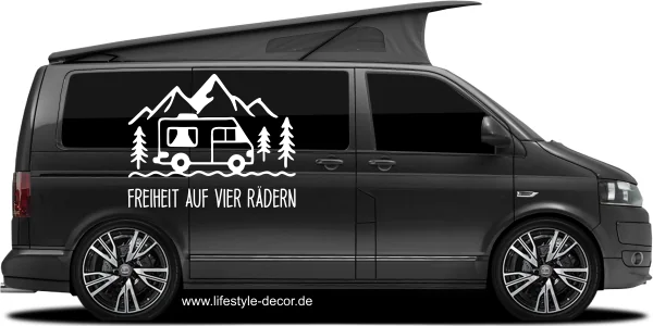 Wohnmobildekor Freiheit auf vier Rädern auf Fahrzeugseite- Ansicht Farbauswahl