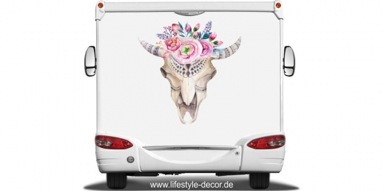 Preview: Autoaufkleber Floraler Tierschädelknochen auf Heck von Wohnmobil oder Wohnwagen