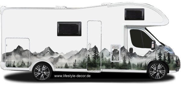 Preview: Wohnwagendekor Berge im Nebel auf weißem Wohnmobil