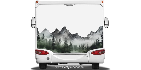 Preview: Wohnwagendekor Berge im Nebel auf einem Wohnwagenheck