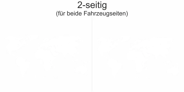 Wohnmobilaufkleber mit Weltkarte auf hellem Reisemobil - Ansicht zweiseitig für beide Fahrzeugseiten und Farbauswahl