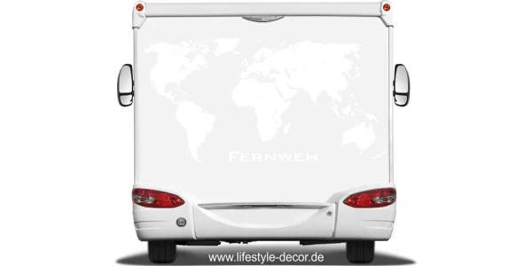Wohnmobilaufkleber mit Weltkarte auf Heck von Wohnmobil oder Wohnwagen - Ansicht Farbauswahl