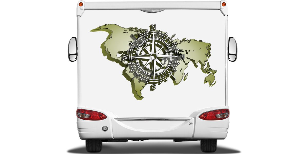 Aufkleber Reise-Koffer mit Kompass und Weltkarte.