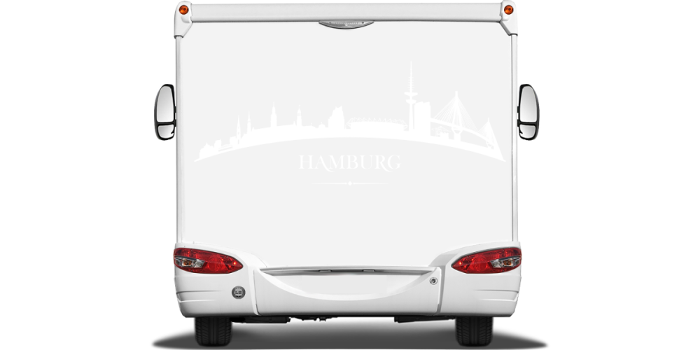 Autodekor Hamburger Skyline auf Heck von Wohnmobil oder Wohnwagen - Ansicht Farbauswahl Autodekor Hamburger Skyline auf Heck von Wohnmobil oder Wohnwagen - Ansicht Farbauswahl