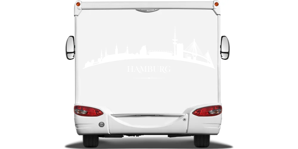 Autodekor Hamburger Skyline auf Heck von Wohnmobil oder Wohnwagen - Ansicht Farbauswahl Autodekor Hamburger Skyline auf Heck von Wohnmobil oder Wohnwagen - Ansicht Farbauswahl