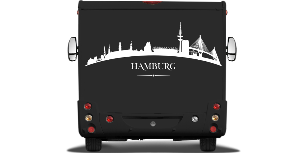 Autodekor Hamburger Skyline auf Heck von Wohnmobil oder Wohnwagen - Ansicht Farbauswahl Autodekor Hamburger Skyline auf Heck von Wohnmobil oder Wohnwagen - Ansicht Farbauswahl