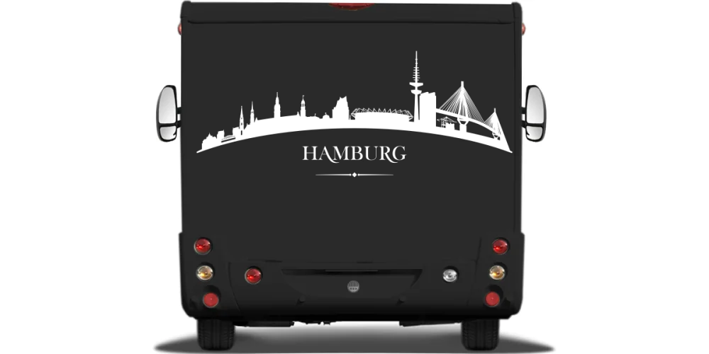 Autodekor Hamburger Skyline auf Heck von Wohnmobil oder Wohnwagen - Ansicht Farbauswahl Autodekor Hamburger Skyline auf Heck von Wohnmobil oder Wohnwagen - Ansicht Farbauswahl