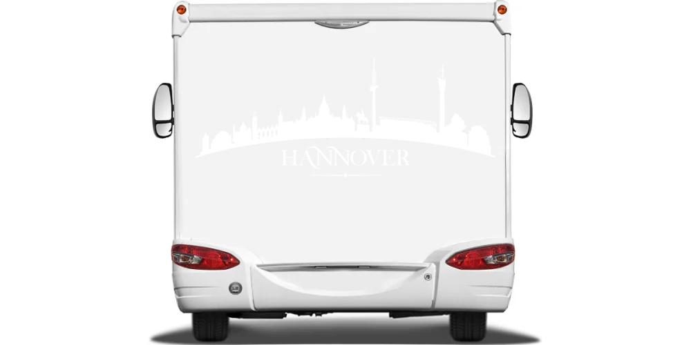 Autoaufkleber Hannoveraner Skyline auf Heck von Wohnmobil oder Wohnwagen - Ansicht Farbauswahl Autoaufkleber Hannoveraner Skyline auf Heck von Wohnmobil oder Wohnwagen - Ansicht Farbauswahl