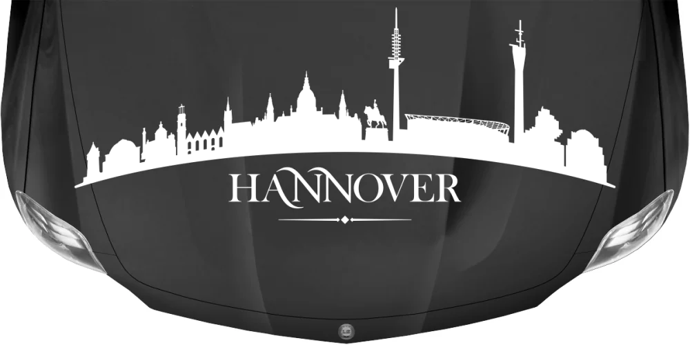 Autoaufkleber Hannoveraner Skyline auf dunkler Motorhaube - Ansicht Farbauswahl Autoaufkleber Hannoveraner Skyline auf dunkler Motorhaube - Ansicht Farbauswahl