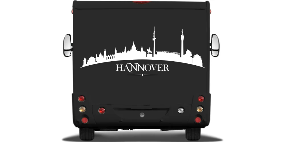 Autoaufkleber Hannoveraner Skyline auf Heck von Wohnmobil oder Wohnwagen - Ansicht Farbauswahl Autoaufkleber Hannoveraner Skyline auf Heck von Wohnmobil oder Wohnwagen - Ansicht Farbauswahl