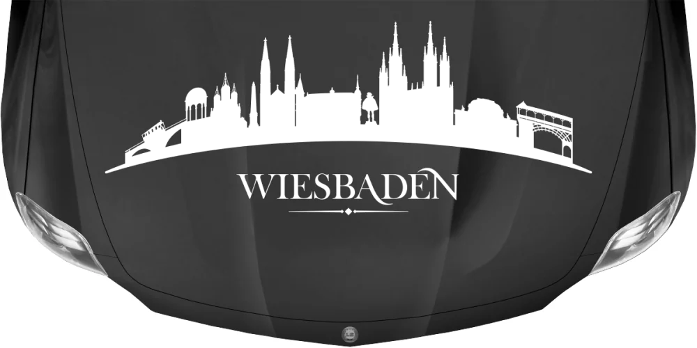 Konturen Wiesbadens als Aufkleber fürs Auto auf dunkler Motorhaube - Ansicht Farbauswahl