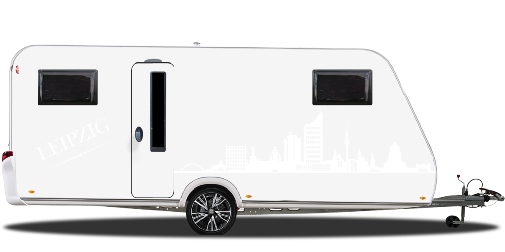 Konturgeschnittene Autofolie mit Leipziger Skyline auf hellem Wohnwagen - Ansicht Farbauswahl Konturgeschnittene Autofolie mit Leipziger Skyline auf hellem Wohnwagen - Ansicht Farbauswahl