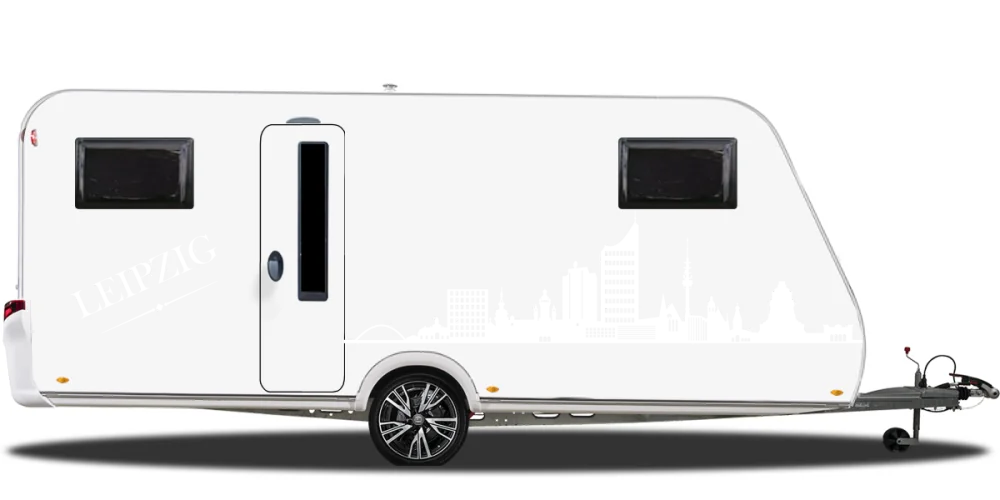 Konturgeschnittene Autofolie mit Leipziger Skyline auf hellem Wohnwagen - Ansicht Farbauswahl Konturgeschnittene Autofolie mit Leipziger Skyline auf hellem Wohnwagen - Ansicht Farbauswahl