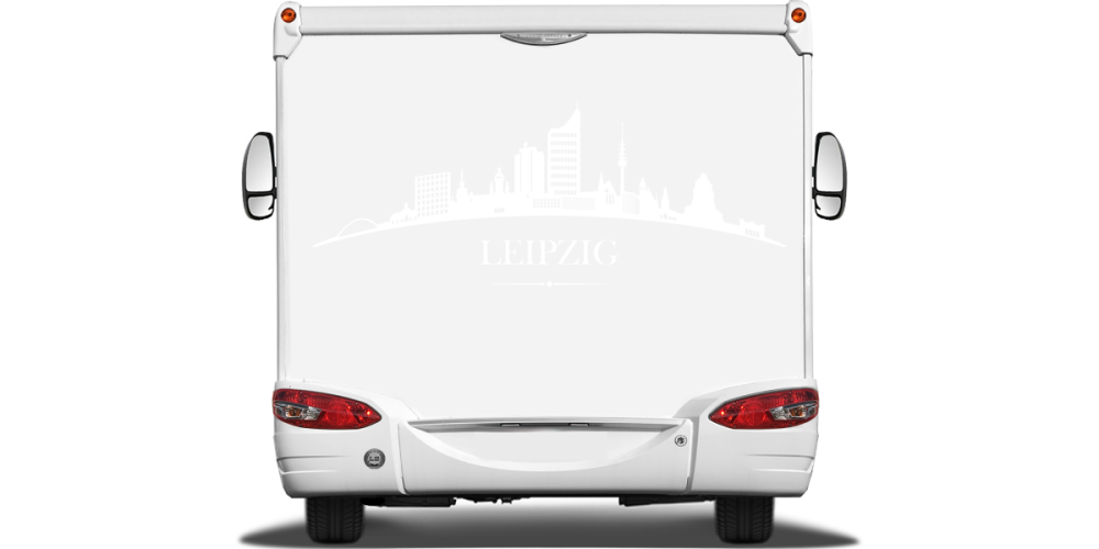 Konturgeschnittene Autofolie mit Leipziger Skyline auf Heck von Wohnmobil oder Wohnwagen - Ansicht Farbauswahl Konturgeschnittene Autofolie mit Leipziger Skyline auf Heck von Wohnmobil oder Wohnwagen - Ansicht Farbauswahl