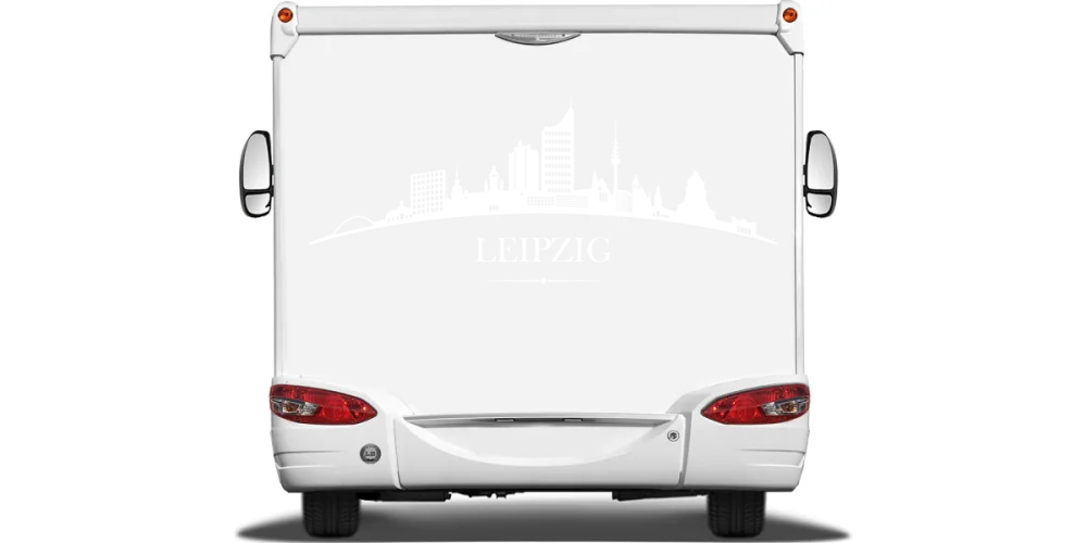 Konturgeschnittene Autofolie mit Leipziger Skyline auf Heck von Wohnmobil oder Wohnwagen - Ansicht Farbauswahl Konturgeschnittene Autofolie mit Leipziger Skyline auf Heck von Wohnmobil oder Wohnwagen - Ansicht Farbauswahl