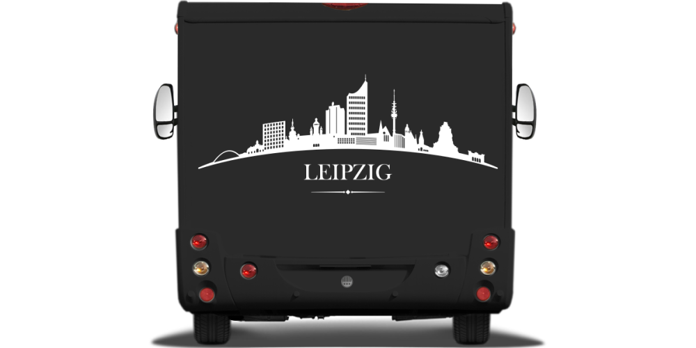 Konturgeschnittene Autofolie mit Leipziger Skyline auf Heck von Wohnmobil oder Wohnwagen - Ansicht Farbauswahl Konturgeschnittene Autofolie mit Leipziger Skyline auf Heck von Wohnmobil oder Wohnwagen - Ansicht Farbauswahl